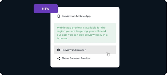 OnePulse new feature update showing the option to preview in a browser instead of just the mobile app.