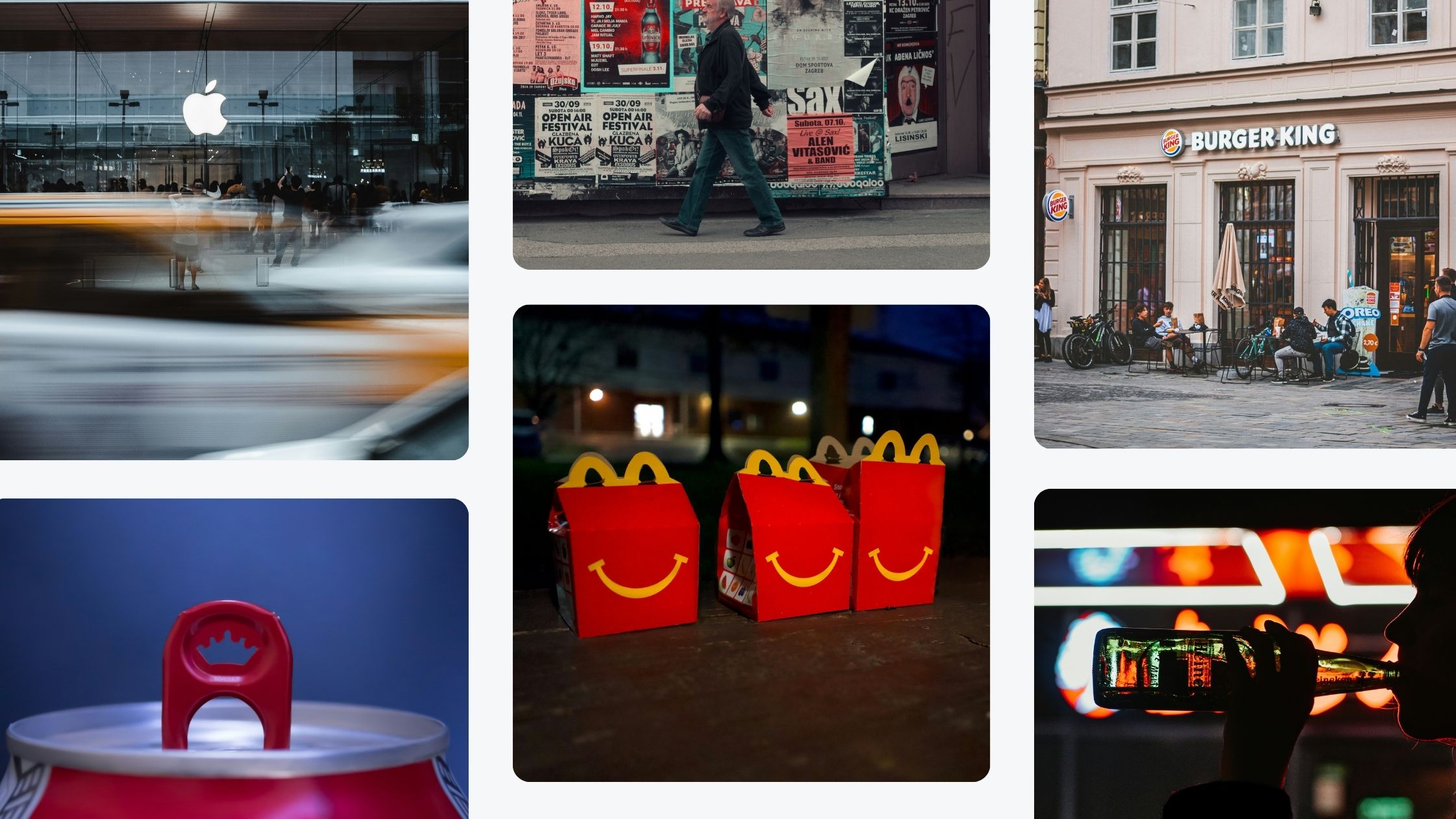 A collage of six images featuring recognizable brands and urban scenes. The top left image shows an Apple store with a large illuminated logo, blurred by the motion of passing cars. The top center image captures a person walking past a wall covered in posters and advertisements. The top right image features a Burger King restaurant with people dining outside. The bottom left image shows the red tab of a soda can, prominently displaying the logo. The bottom center image has three McDonald's Happy Meal boxes with smiley faces, placed outdoors at night. The bottom right image depicts a person silhouetted against bright lights, drinking from a green bottle.