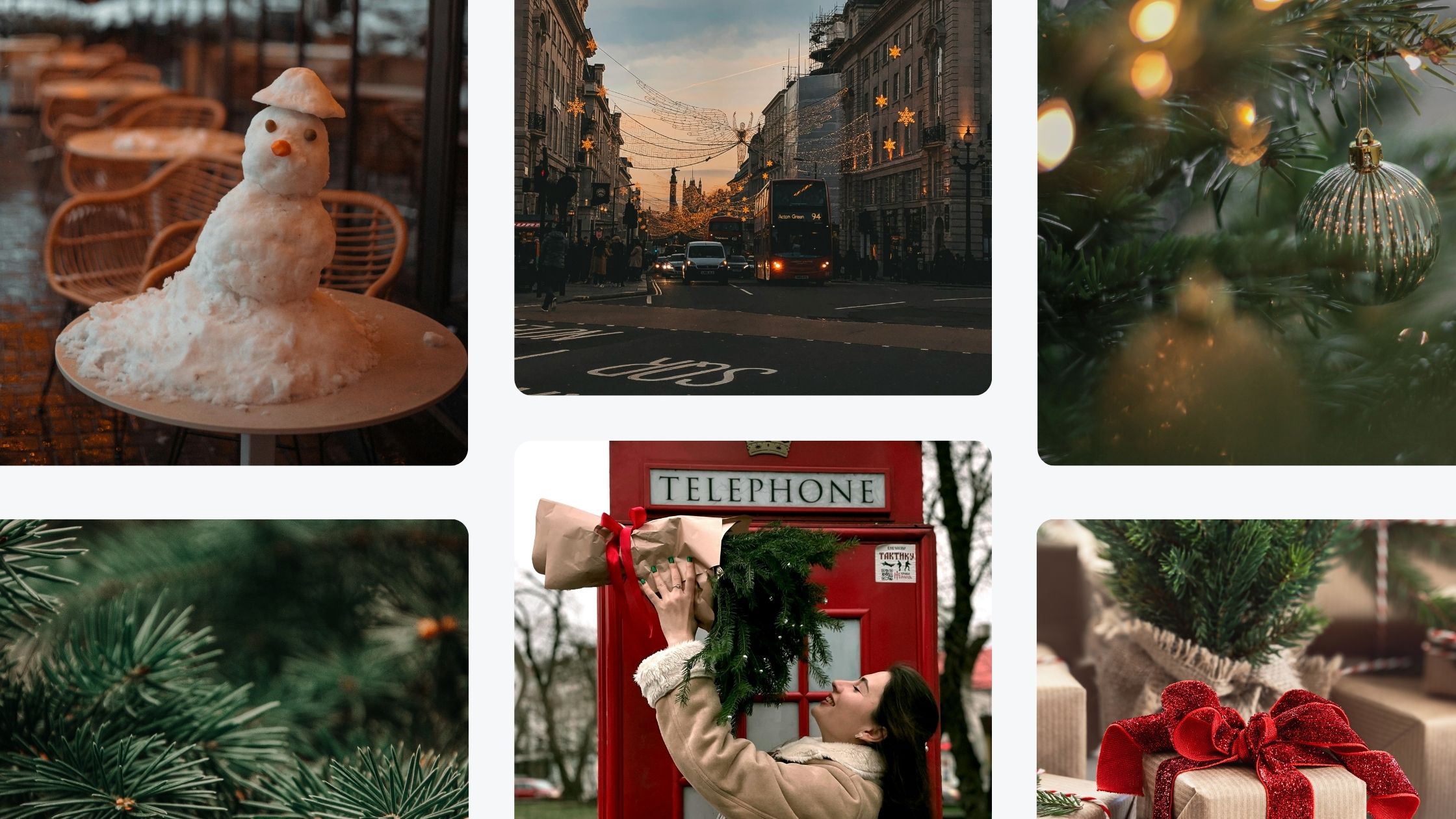 This image collage features a variety of festive and winter-themed scenes: Top left: A small snowman with a hat sits on a table outdoors, with wicker chairs and a snow-covered background suggesting a cozy cafe setting. Top center: A city street with London-style architecture and a double-decker bus is adorned with twinkling Christmas lights and festive decorations as dusk falls. Top right: A close-up of a Christmas tree branch, decorated with warm lights and a simple, glass ornament. Bottom left: A close-up of green pine branches, rich in texture and full of vibrant needles. Bottom center: A woman in a coat holds a small pine tree wrapped in brown paper with a red ribbon in front of a classic red telephone booth, smiling at the festive bundle. Bottom right: A small potted pine tree sits next to a gift wrapped in brown paper and tied with a red glittery bow, adding a rustic holiday feel. Each image conveys a warm, holiday atmosphere, combining both urban and nature-inspired Christmas decor elements.