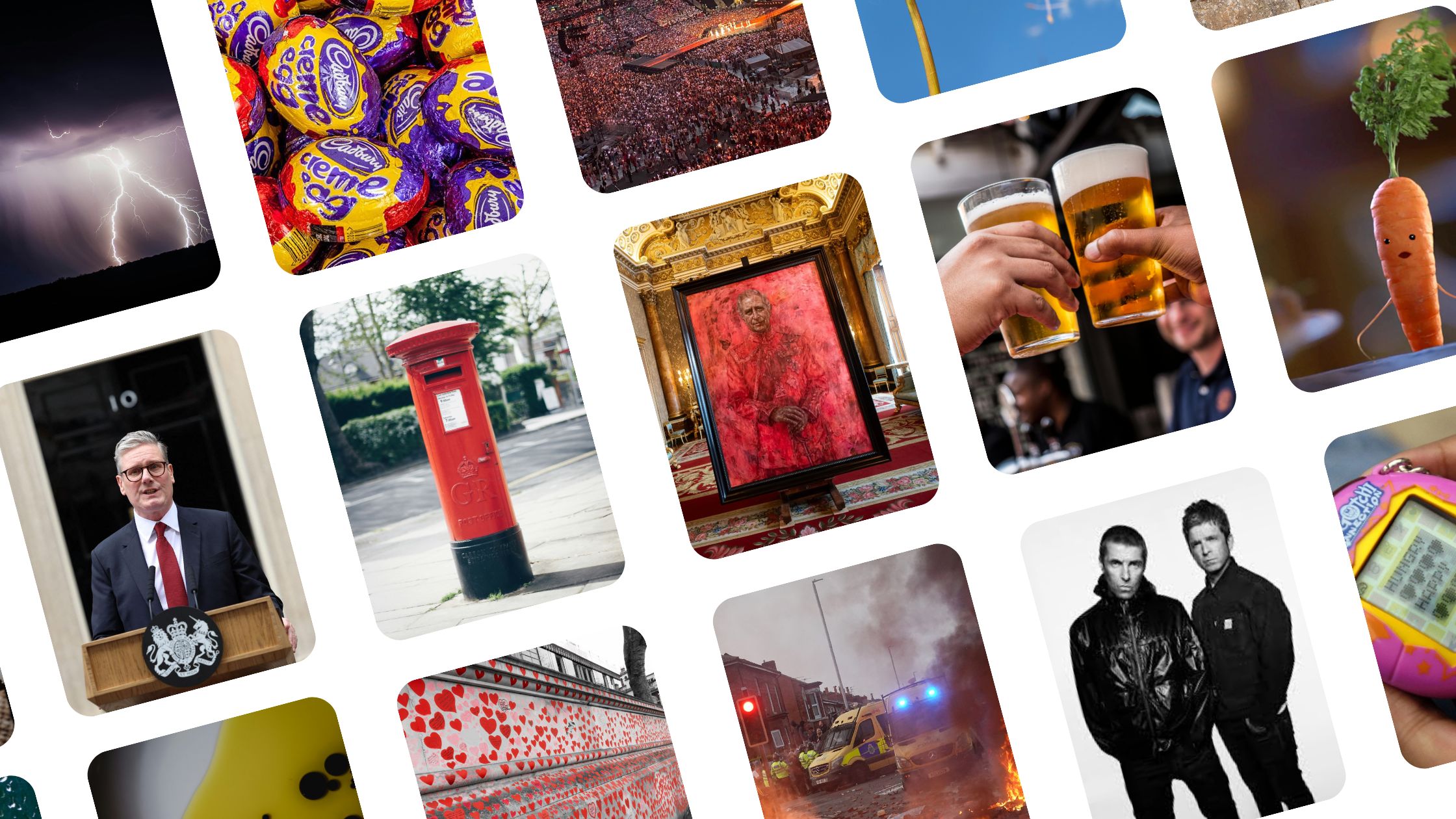 This image is a collage capturing various elements of British culture and history, showcasing a mix of iconic and recognizable moments. It features a dramatic lightning storm, a close-up of Cadbury Creme Eggs, a large crowd gathered at what appears to be an outdoor event, and the classic red Royal Mail postbox. There’s an ornate setting displaying a striking painting, alongside a cheerful scene of pints of beer being toasted. A whimsical carrot resembling a person or mascot adds a playful touch, while a political figure stands at a podium outside an official building, reflecting British politics. Nostalgia is represented by a Tamagotchi electronic toy, while a dramatic moment involving emergency services introduces a serious tone. The collage also includes a wall adorned with poppy decorations, likely referencing Remembrance Day, and a nod to British music culture with two individuals resembling musicians or cultural icons.