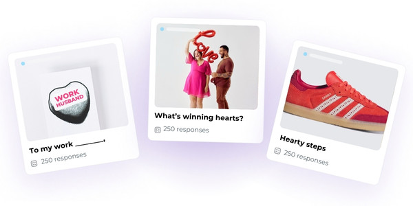 Three digital survey cards displaying consumer reactions to Valentine’s Day marketing. The first card shows a ‘Work Husband’ heart-shaped design, the second features a couple holding a red “Love” balloon, and the third highlights a red and pink Adidas sneaker. Each card notes "250 responses."