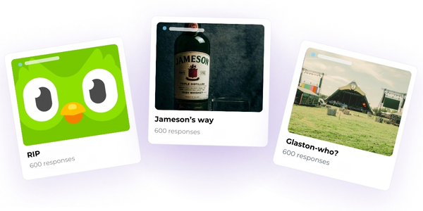 Three survey result cards featuring Duolingo, Jameson whiskey, and Glastonbury Festival.