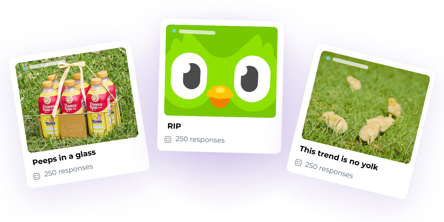 Three survey result cards featuring Peeps-flavored milk, Duolingo’s owl with “RIP,” and chicks in the grass labeled “This trend is no yolk.”